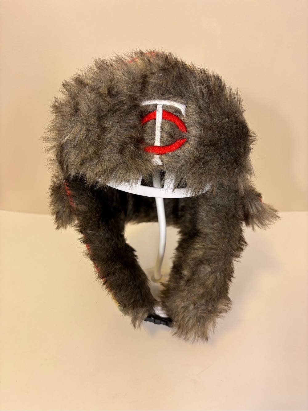 MLB Minnesota Twins Faux Fur Winter Trapper Hat in Blue with Red Plaid Unisex